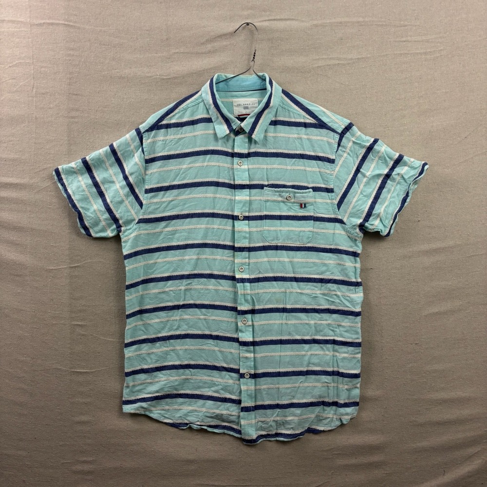 Sol Angeles‎ Striped Button Down Mens Large Aqua Blue Short Sleeve Cotton Casual